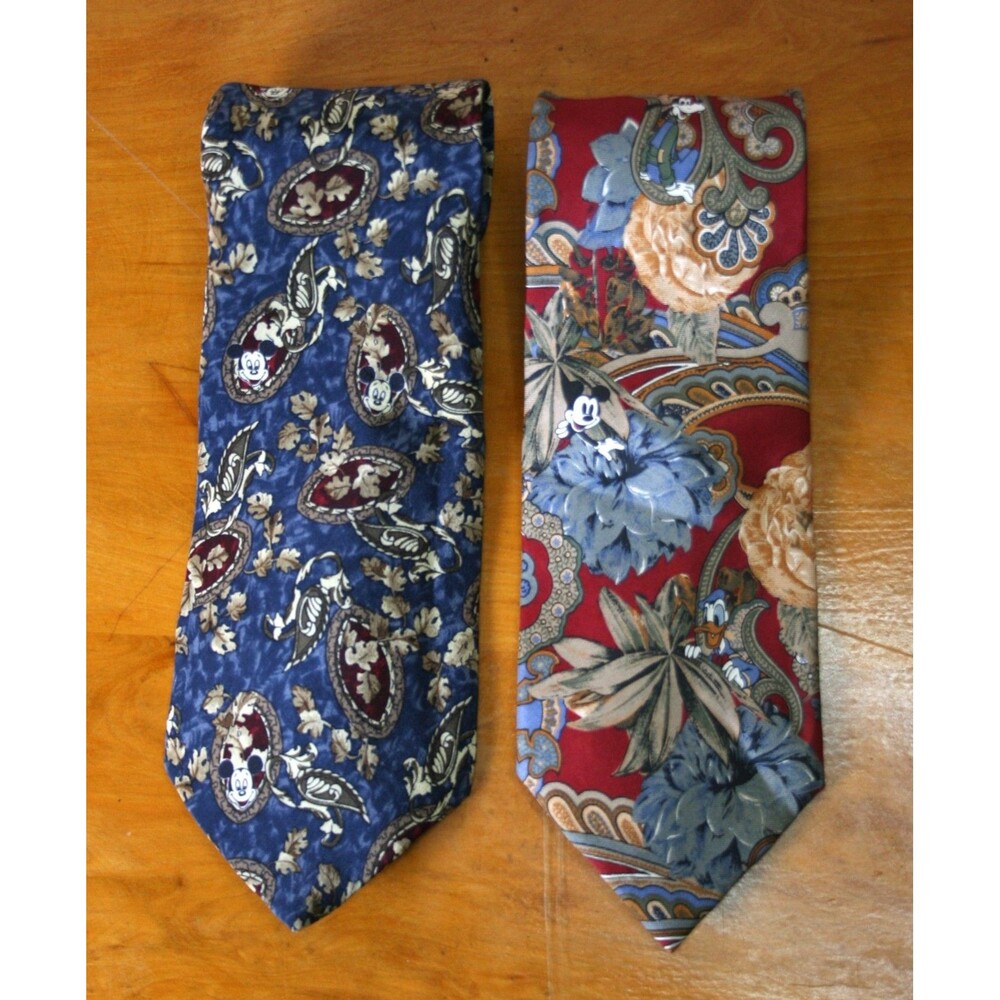 Lot 2 Disney Tie- Paisley Floral ~ Mickey, Donald, Goofy ~ Red & Blue Neck Ties